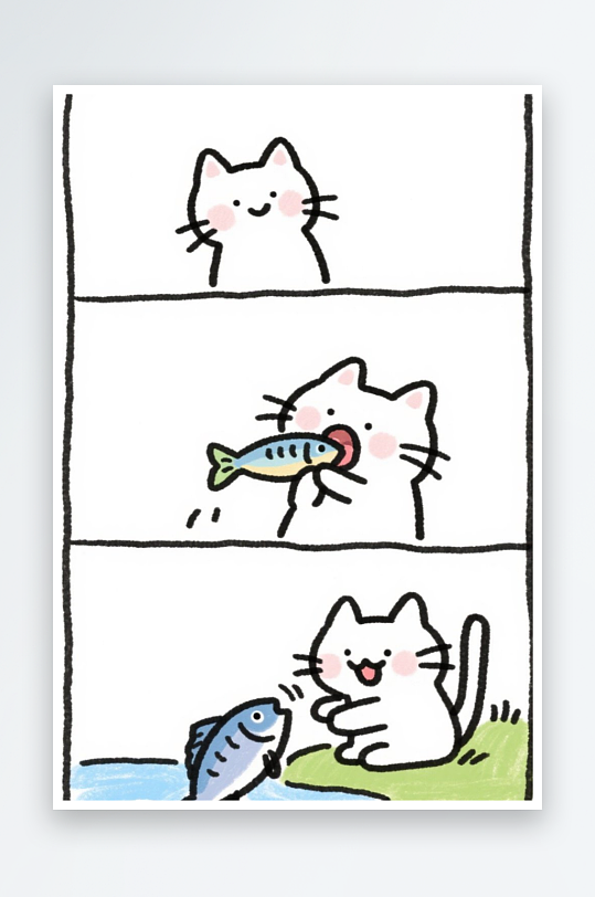 一只猫咪在河边抓鱼四格漫画白色背景简笔画