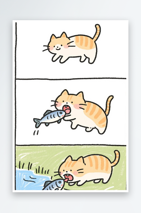 一只猫咪在河边抓鱼四格漫画白色背景简笔画