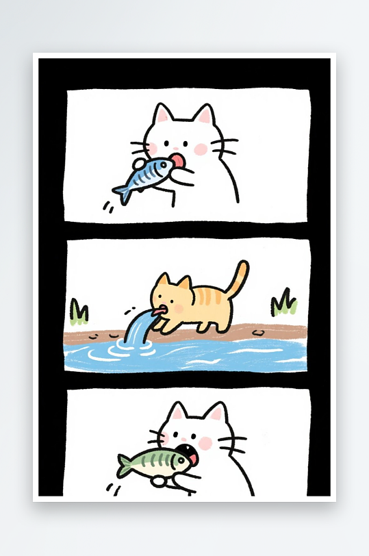 一只猫咪在河边抓鱼四格漫画白色背景简笔画