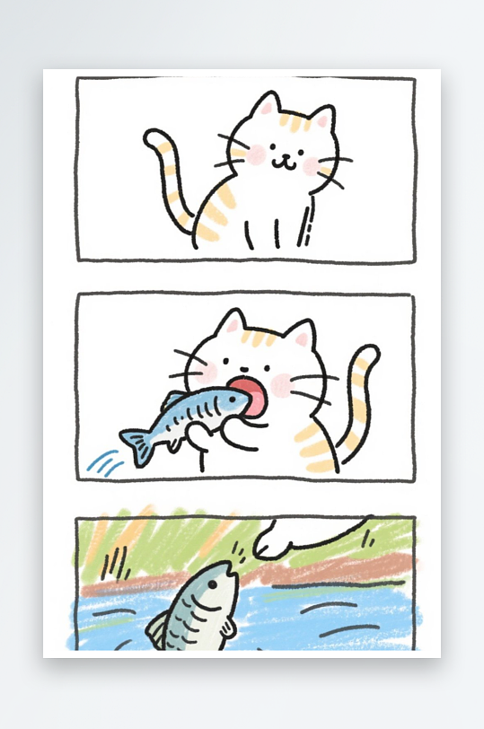 一只猫咪在河边抓鱼四格漫画白色背景简笔画