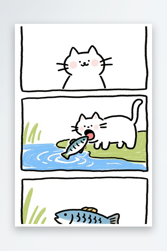 一只猫咪在河边抓鱼四格漫画白色背景简笔画