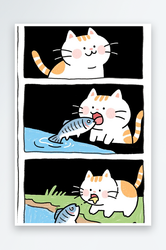 一只猫咪在河边抓鱼四格漫画白色背景简笔画