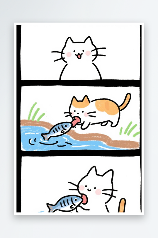一只猫咪在河边抓鱼四格漫画白色背景简笔画
