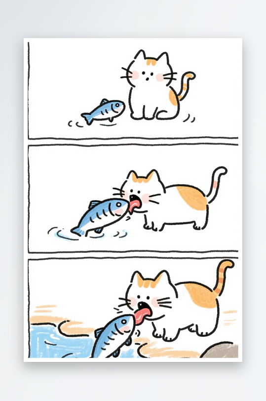 一只猫咪在河边抓鱼四格漫画白色背景简笔画
