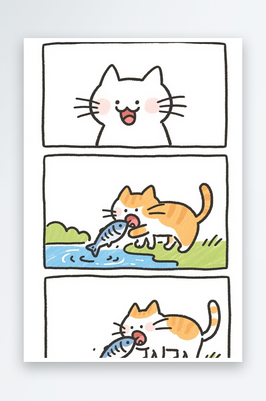 一只猫咪在河边抓鱼四格漫画白色背景简笔画