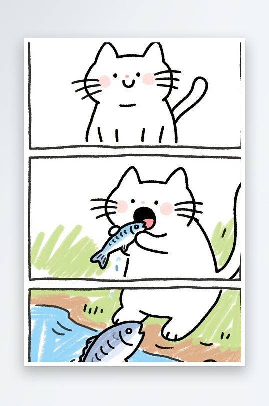 一只猫咪在河边抓鱼四格漫画白色背景简笔画