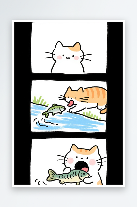 一只猫咪在河边抓鱼四格漫画白色背景简笔画
