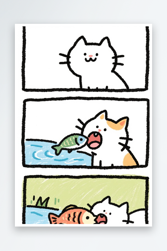 一只猫咪在河边抓鱼四格漫画白色背景简笔画