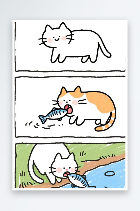 一只猫咪在河边抓鱼四格漫画白色背景简笔画