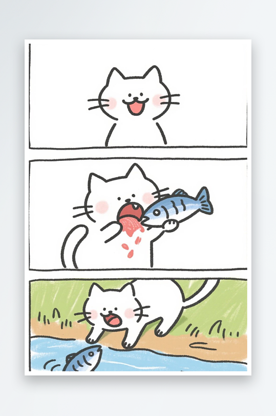 一只猫咪在河边抓鱼四格漫画白色背景简笔画