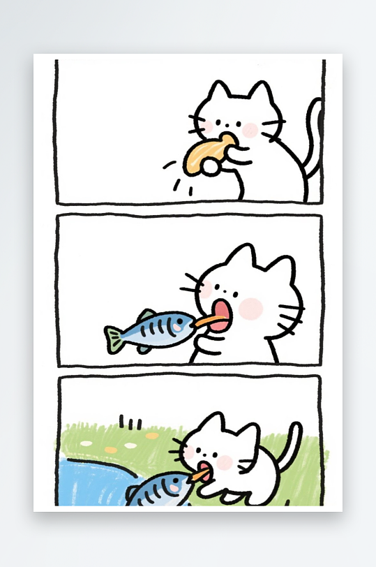 一只猫咪在河边抓鱼四格漫画白色背景简笔画