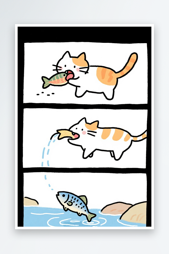 一只猫咪在河边抓鱼四格漫画白色背景简笔画