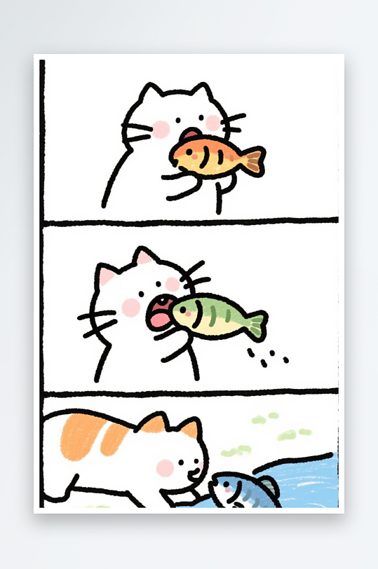 一只猫咪在河边抓鱼四格漫画白色背景简笔画