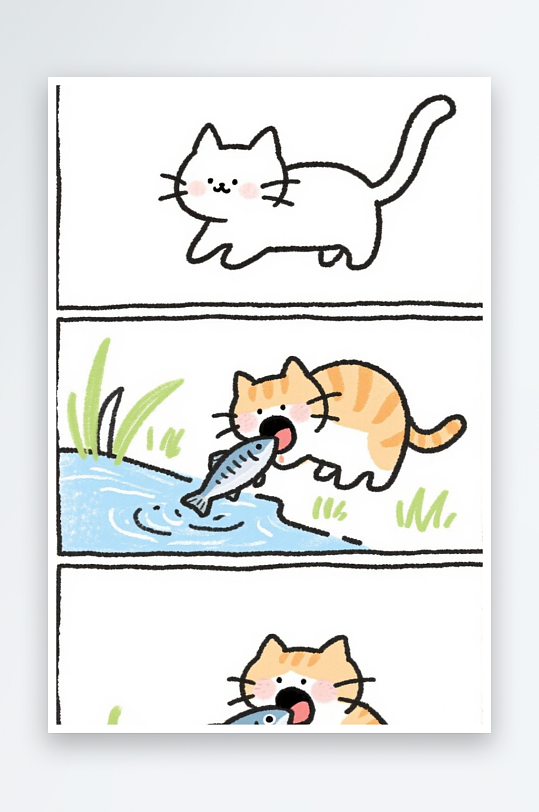 一只猫咪在河边抓鱼四格漫画白色背景简笔画