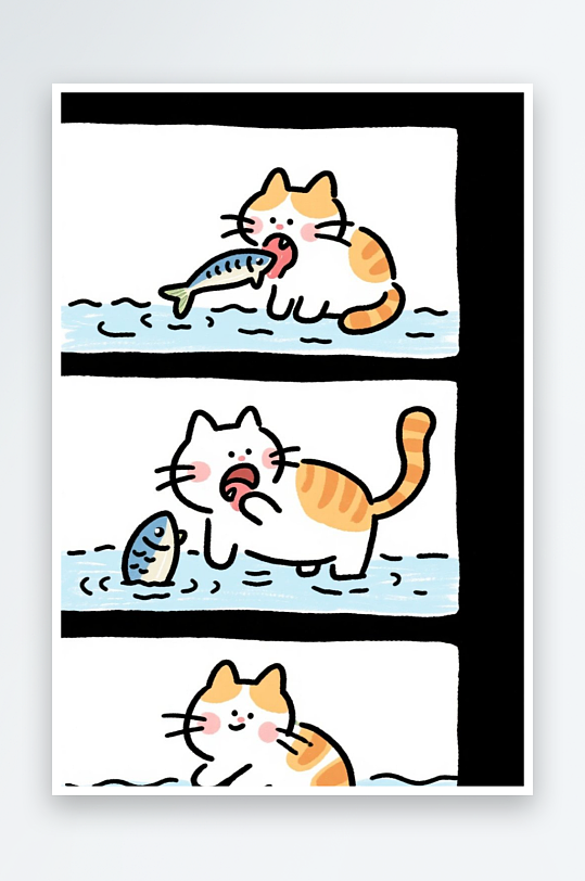一只猫咪在河边抓鱼四格漫画白色背景简笔画
