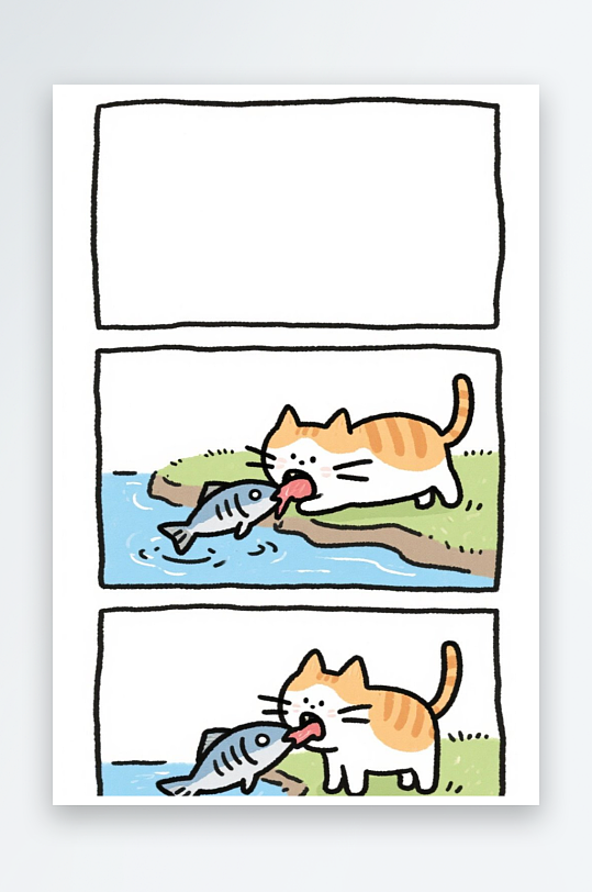 一只猫咪在河边抓鱼四格漫画白色背景简笔画
