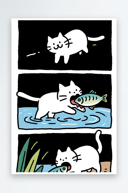 一只猫咪在河边抓鱼四格漫画白色背景简笔画