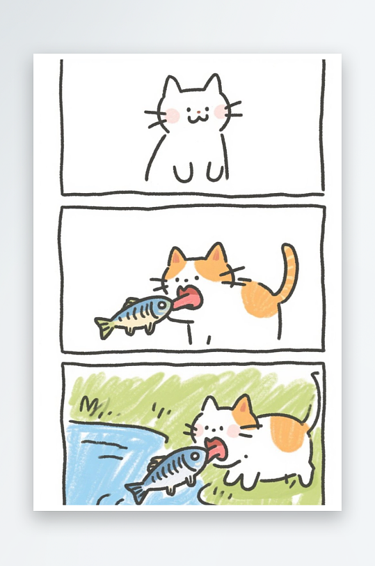 一只猫咪在河边抓鱼四格漫画白色背景简笔画