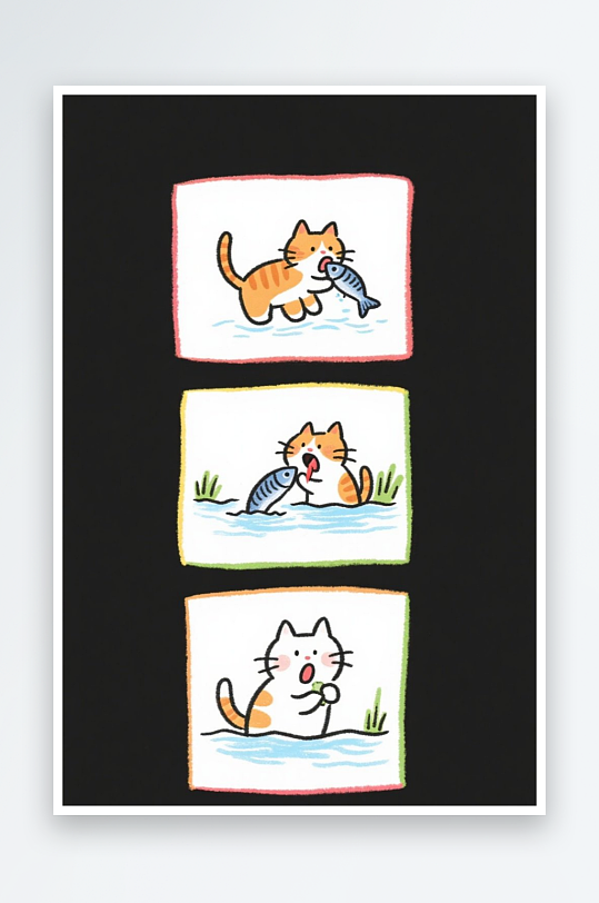 一只猫咪在河边抓鱼四格漫画白色背景简笔画
