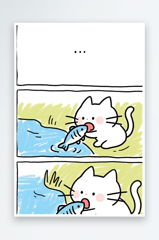 一只猫咪在河边抓鱼四格漫画白色背景简笔画