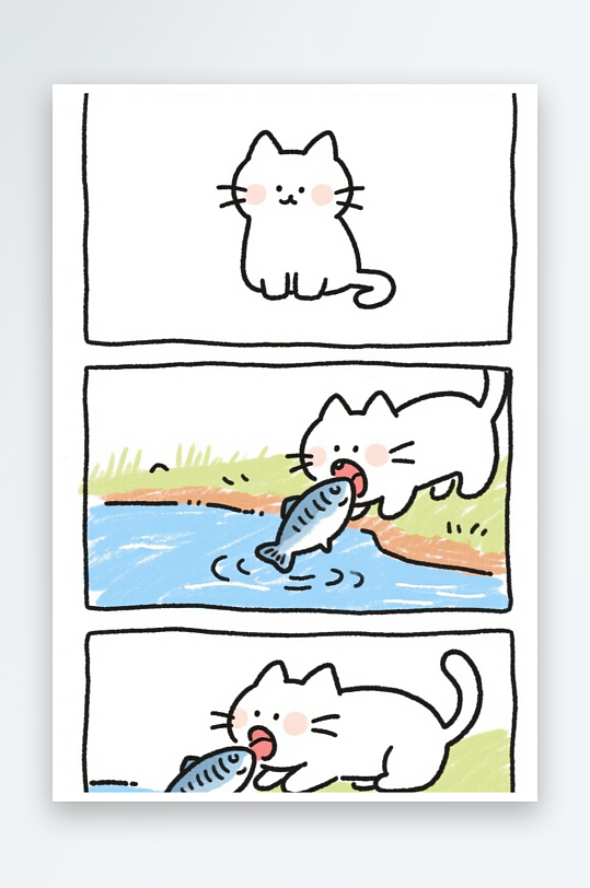 一只猫咪在河边抓鱼四格漫画白色背景简笔画