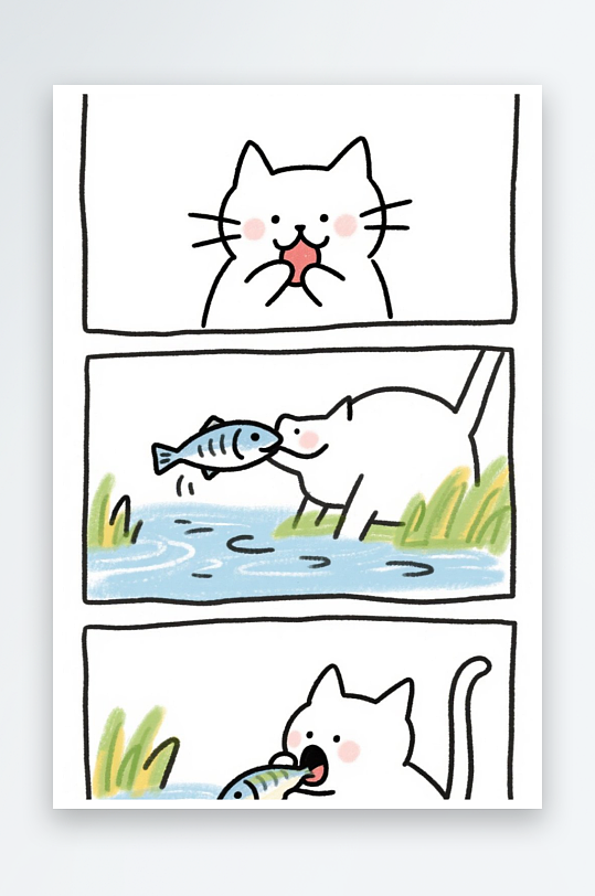 一只猫咪在河边抓鱼四格漫画白色背景简笔画