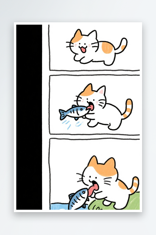 一只猫咪在河边抓鱼四格漫画白色背景简笔画