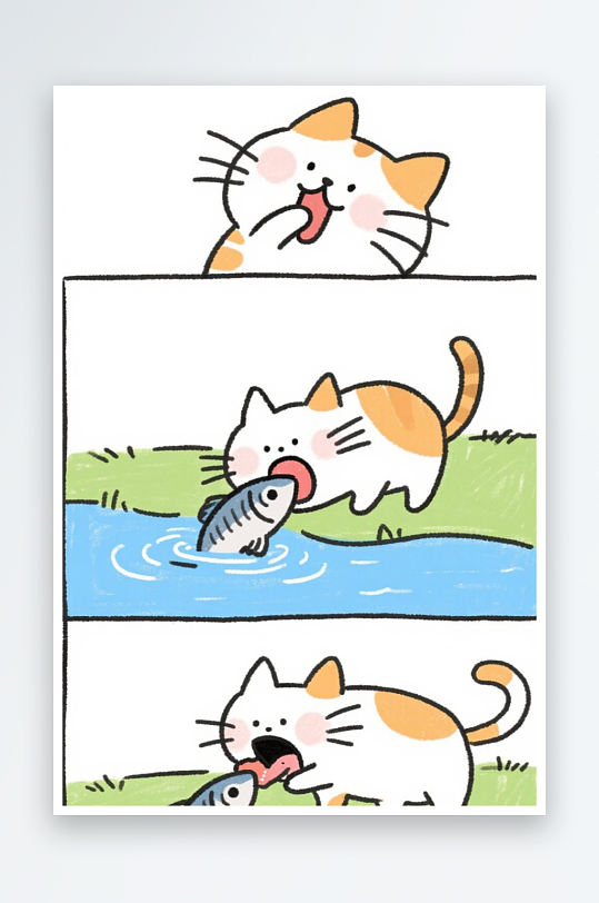 一只猫咪在河边抓鱼四格漫画白色背景简笔画