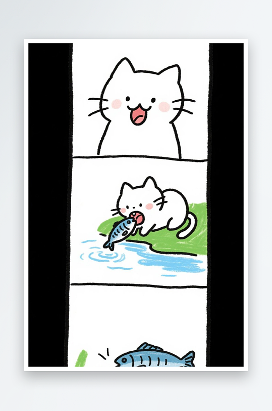 一只猫咪在河边抓鱼四格漫画白色背景简笔画
