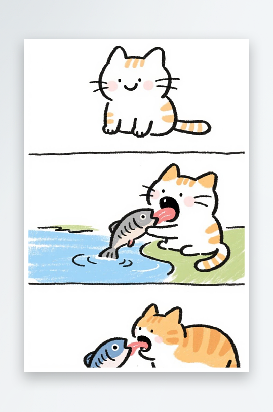 一只猫咪在河边抓鱼四格漫画白色背景简笔画