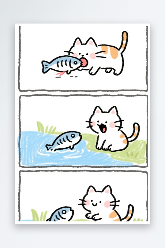 一只猫咪在河边抓鱼四格漫画白色背景简笔画