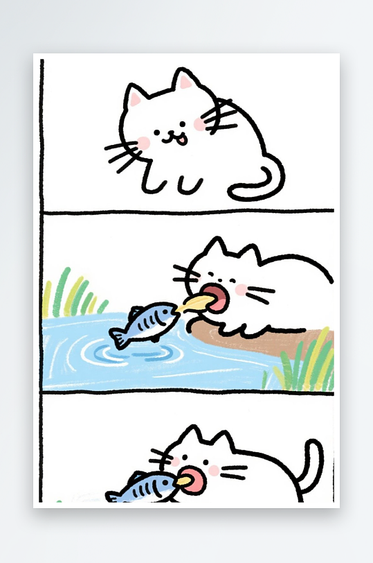 一只猫咪在河边抓鱼四格漫画白色背景简笔画