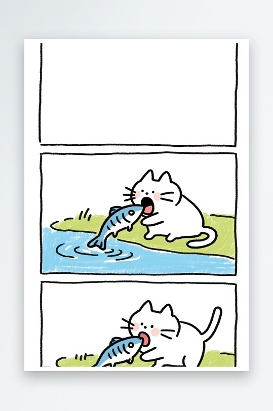 一只猫咪在河边抓鱼四格漫画白色背景简笔画
