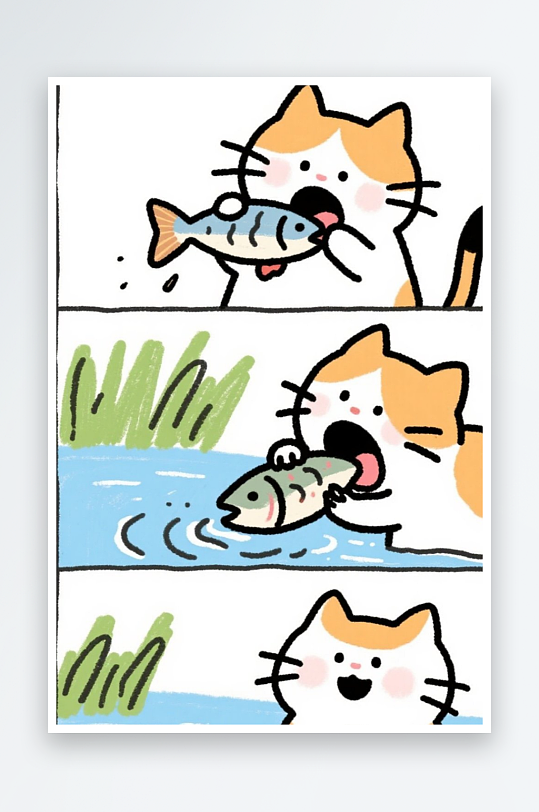 一只猫咪在河边抓鱼四格漫画白色背景简笔画