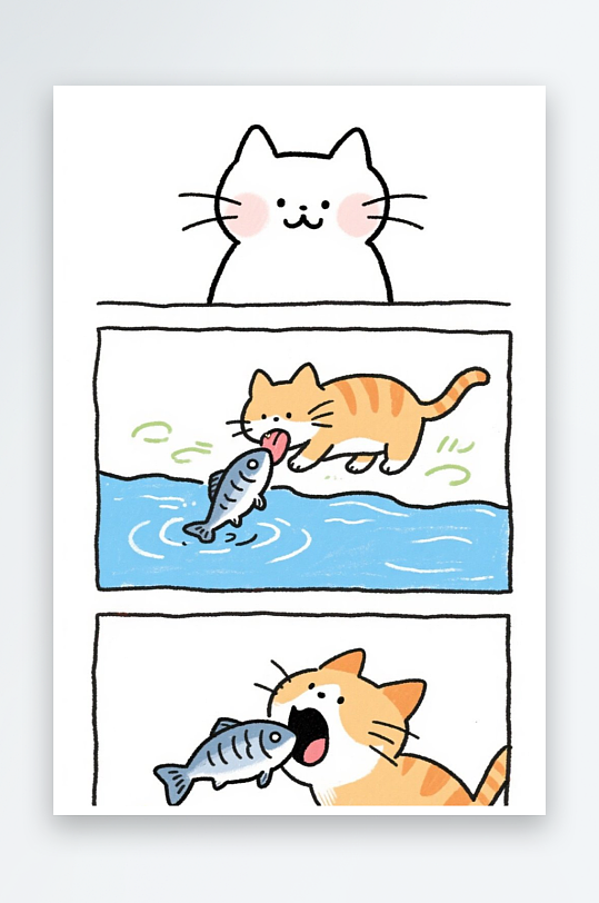 一只猫咪在河边抓鱼四格漫画白色背景简笔画