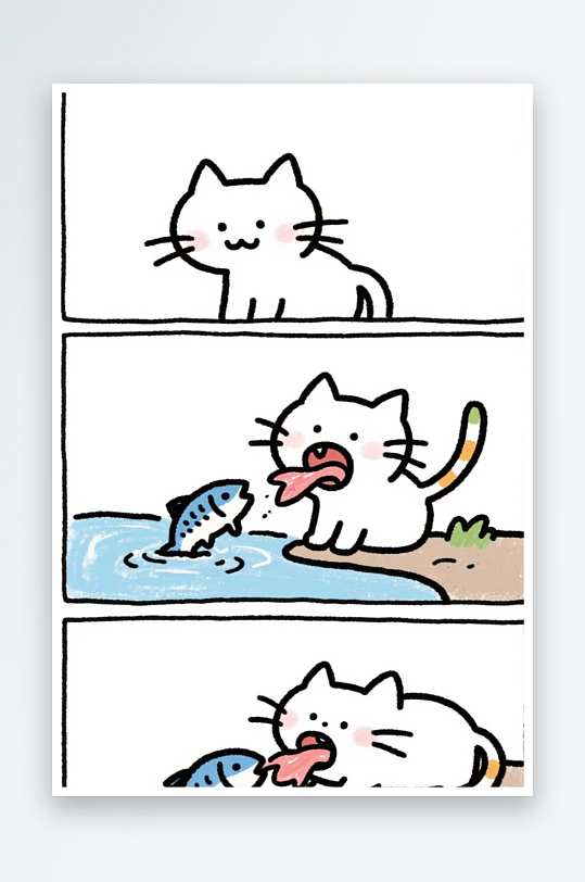 一只猫咪在河边抓鱼四格漫画白色背景简笔画