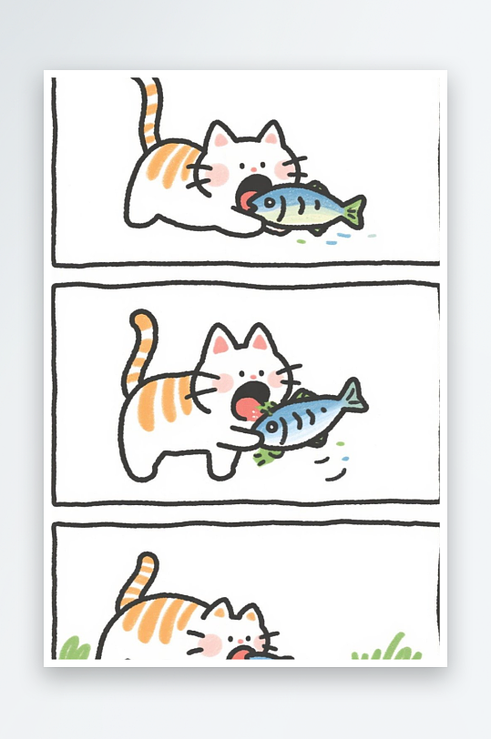 一只猫咪在河边抓鱼四格漫画白色背景简笔画