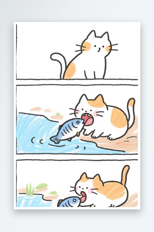 一只猫咪在河边抓鱼四格漫画白色背景简笔画