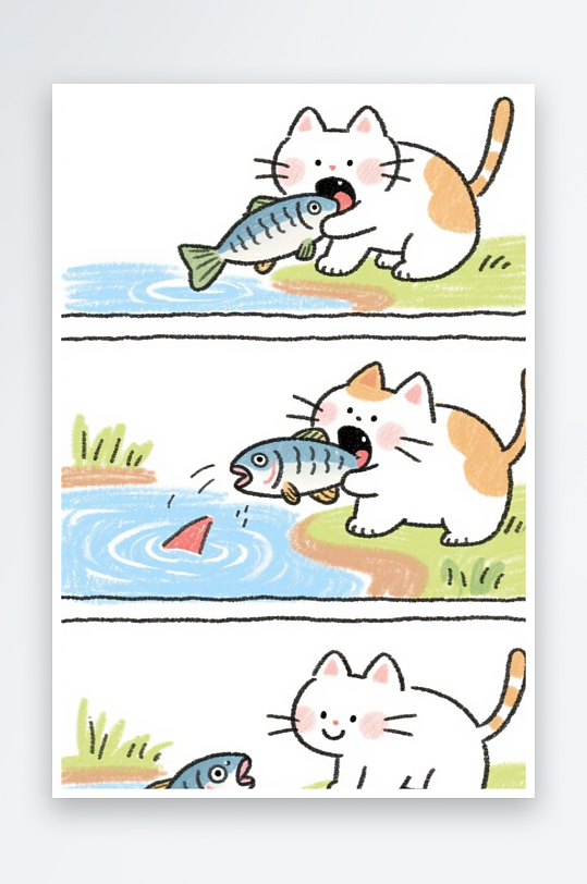 一只猫咪在河边抓鱼四格漫画白色背景简笔画