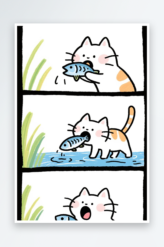 一只猫咪在河边抓鱼四格漫画白色背景简笔画