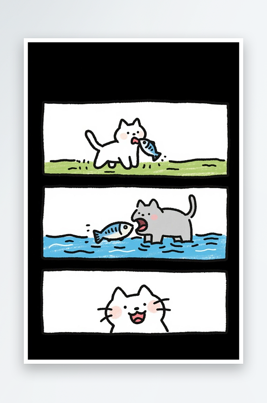 一只猫咪在河边抓鱼四格漫画白色背景简笔画
