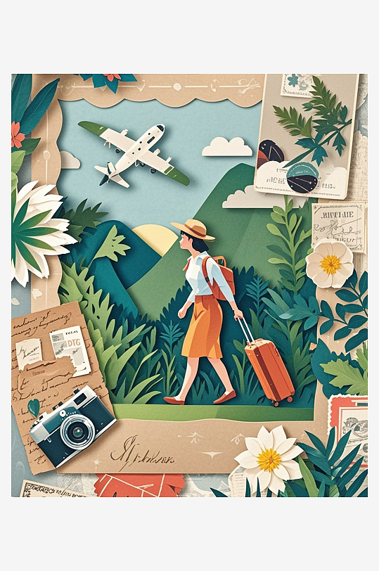 女性旅人旅行箱植物插图复古邮票压花剪纸艺
