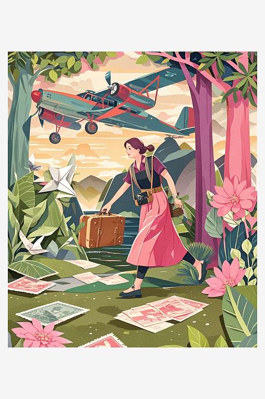 女性旅人旅行箱植物插图复古邮票压花剪纸艺