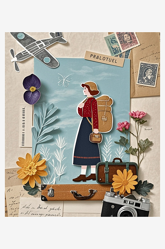 女性旅人旅行箱植物插图复古邮票压花剪纸艺