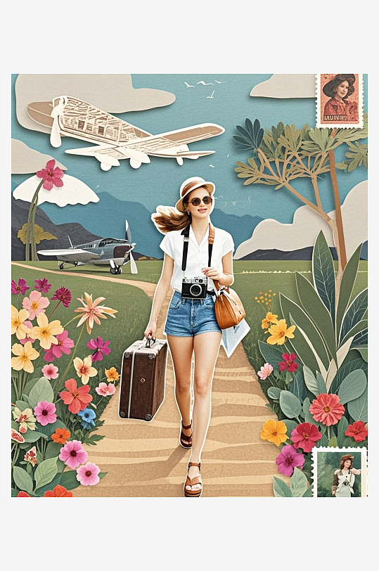 女性旅人旅行箱植物插图复古邮票压花剪纸艺
