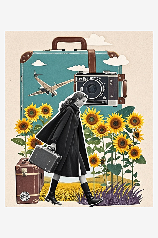 女性旅人旅行箱植物插图复古邮票压花剪纸艺