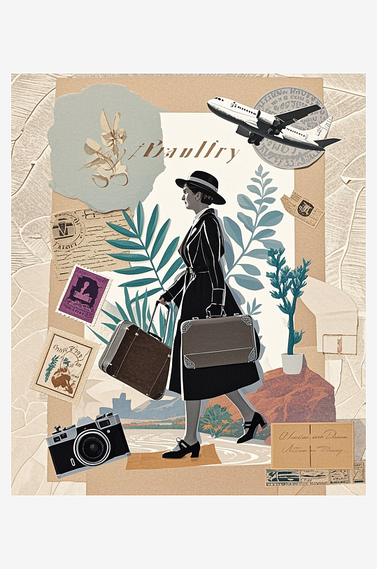 女性旅人旅行箱植物插图复古邮票压花剪纸艺