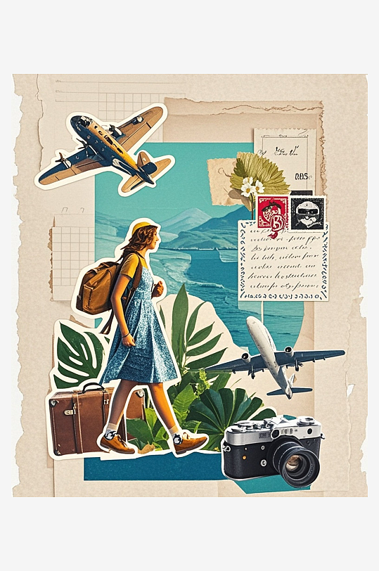 女性旅人旅行箱植物插图复古邮票压花剪纸艺