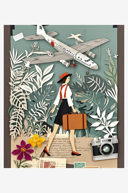 女性旅人旅行箱植物插图复古邮票压花剪纸艺