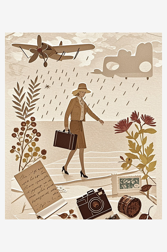 女性旅人旅行箱植物插图复古邮票压花剪纸艺
